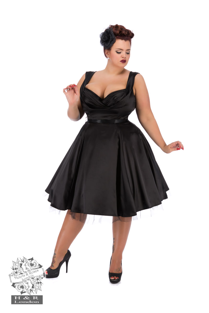 Black Satin 50s Prom Swing Dress in Plus Size